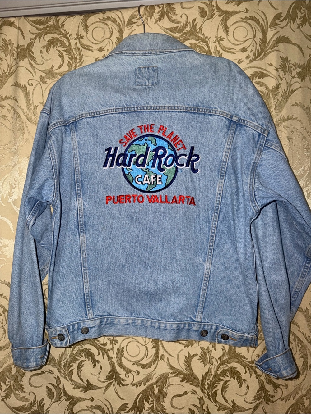 Hard Rock Cafe Light Blue Denim Jacket with Multicolor Embroidered Globe